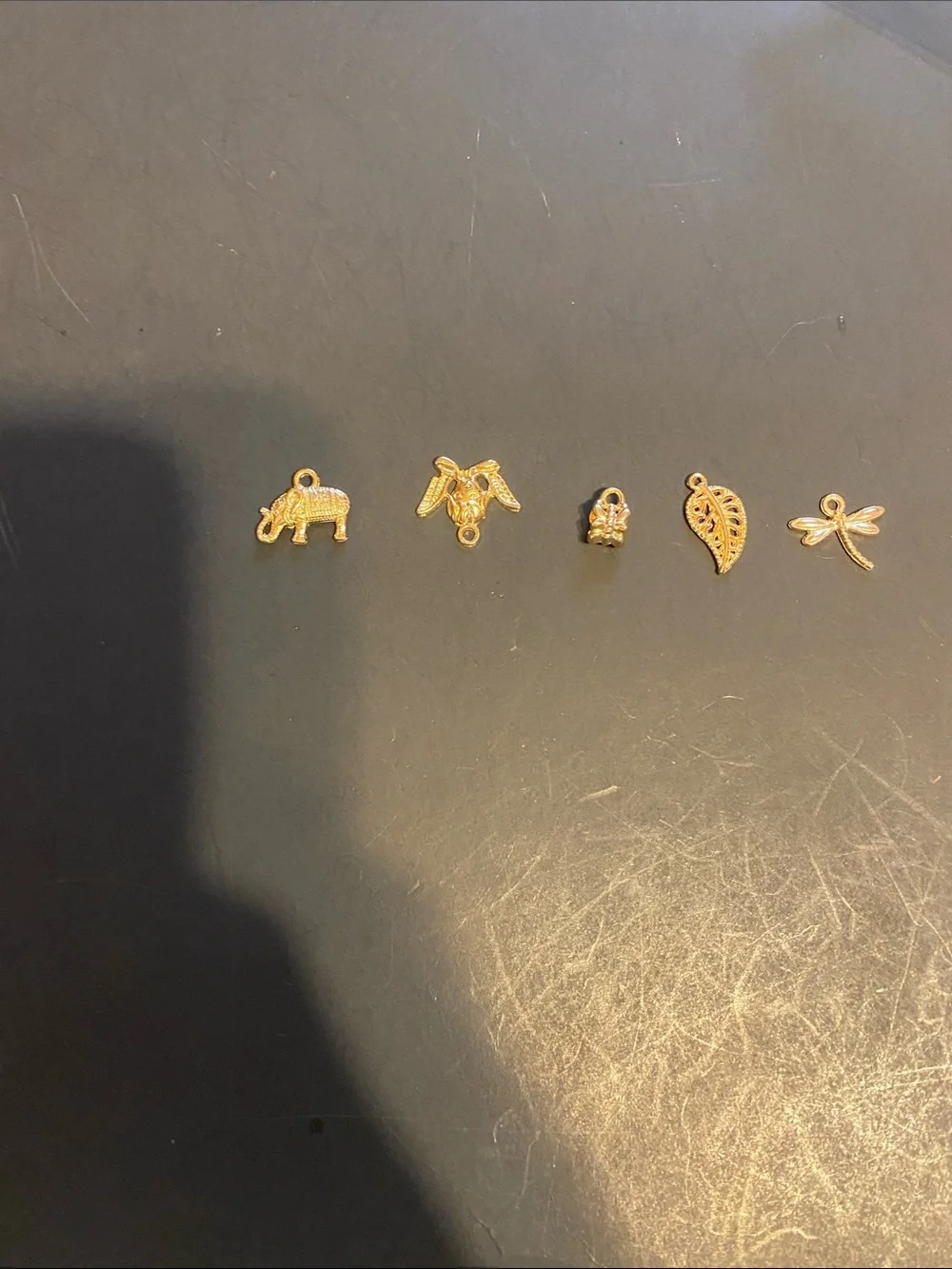 Fashion Jewelry Gold Tone Small Pet Charms Set - Elephant, Bee, Leaf, Dragonfly